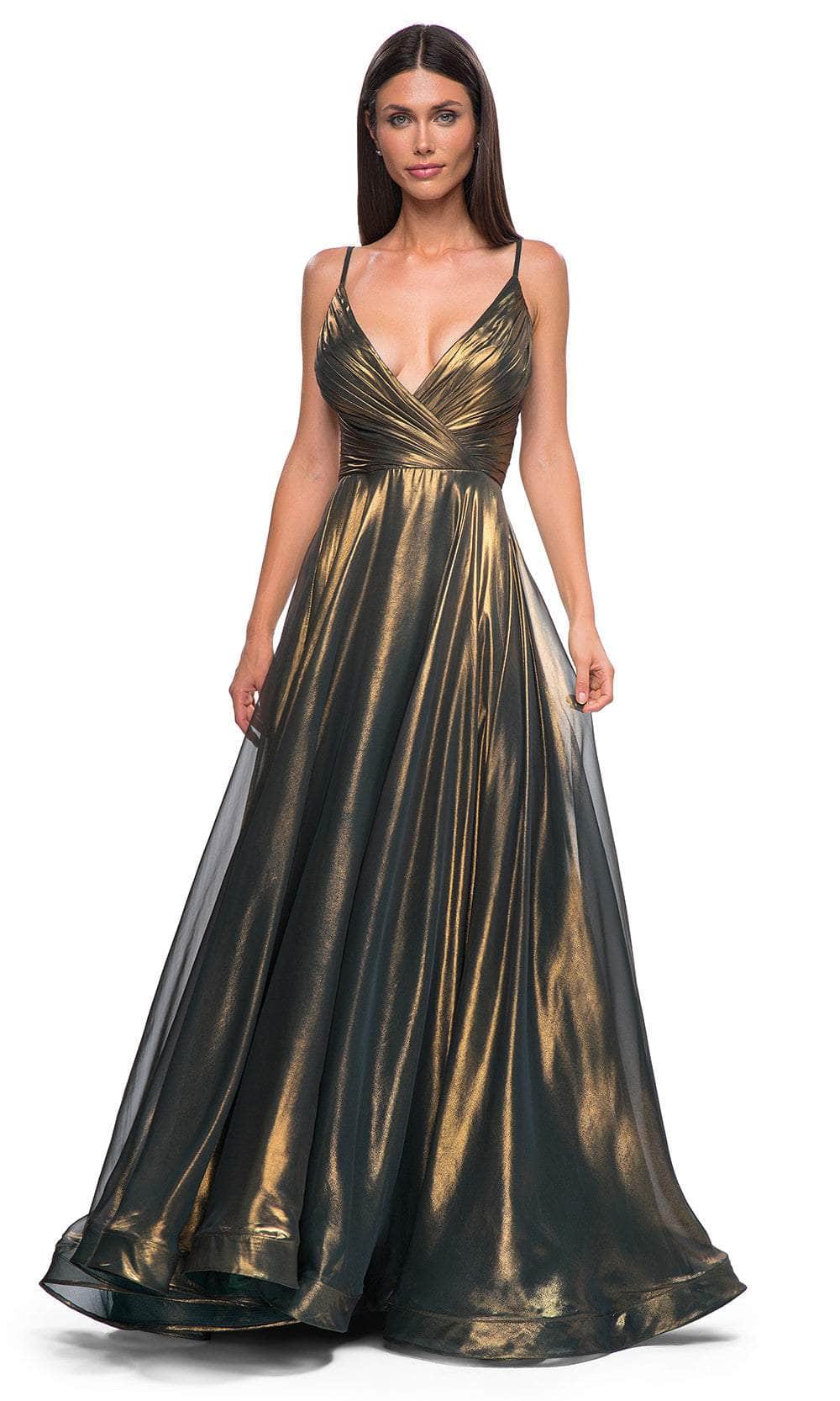 La Femme 32864 Surplice V-Neck Metallic Chiffon Prom Gown