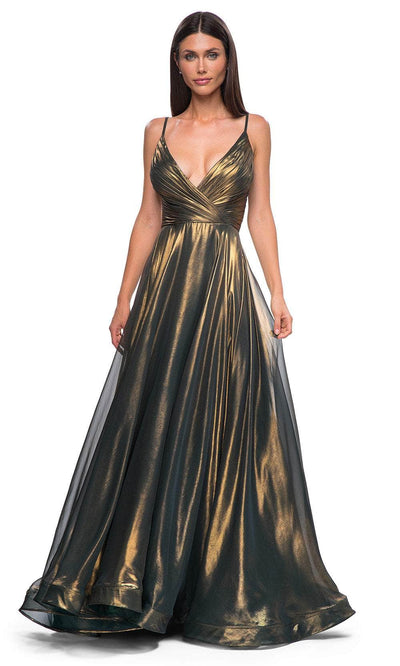 La Femme 32864 Surplice V-Neck Metallic Chiffon Prom Gown