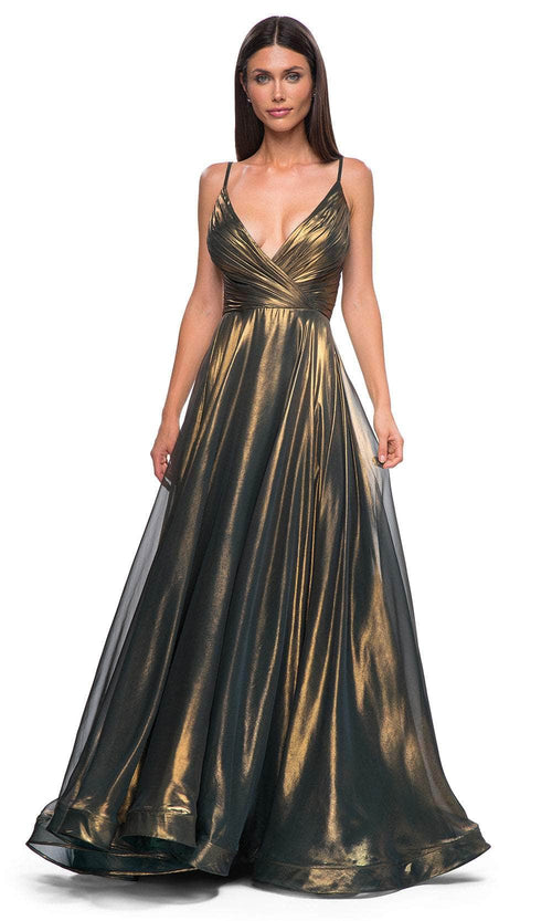 La Femme 32864 Surplice V-Neck Metallic Chiffon Prom Gown