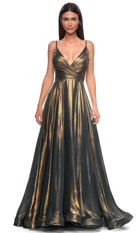 La Femme 32864 Surplice V-Neck Metallic Chiffon Prom Gown