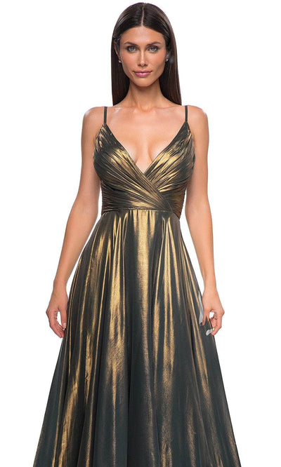 La Femme 32864 Surplice V-Neck Metallic Chiffon Prom Gown
