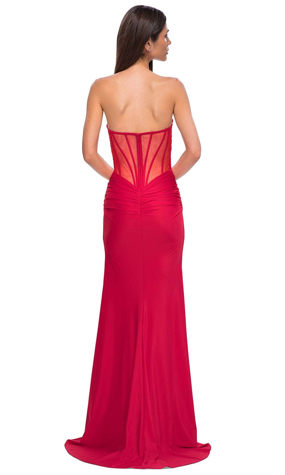 La Femme 32923 Sheer Corset Back Ruched Ornate Prom Gown