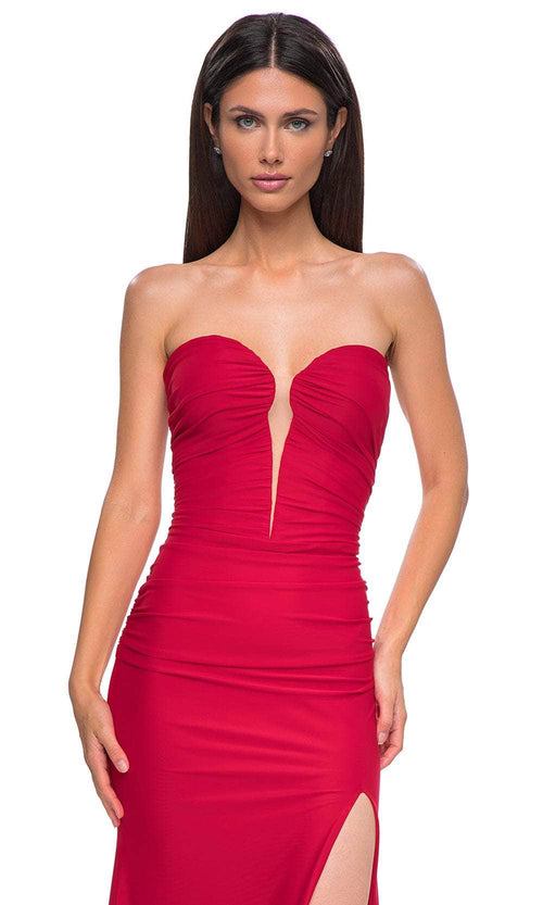La Femme 32923 Sheer Corset Back Ruched Ornate Prom Gown