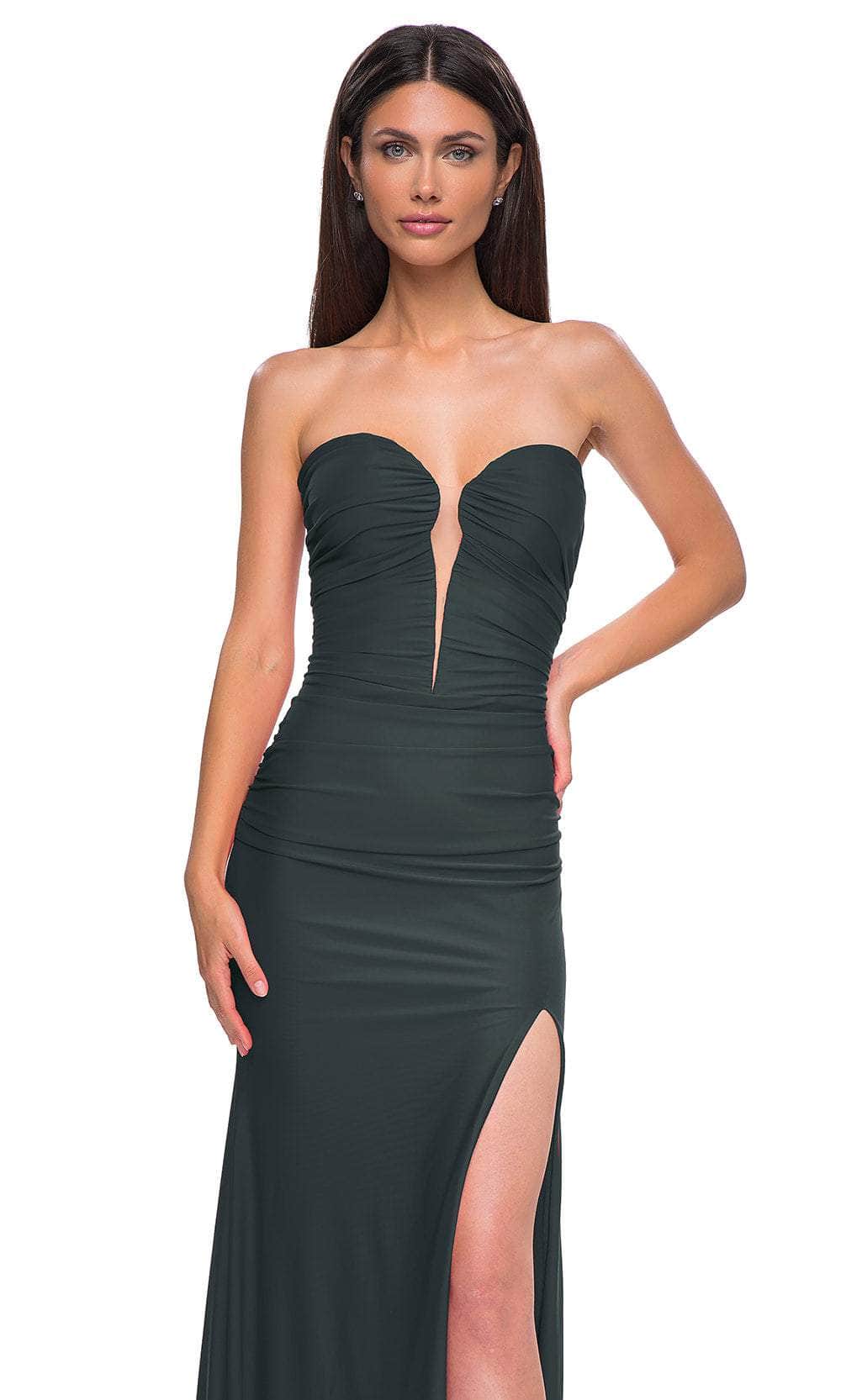 La Femme 32923 Sheer Corset Back Ruched Ornate Prom Gown