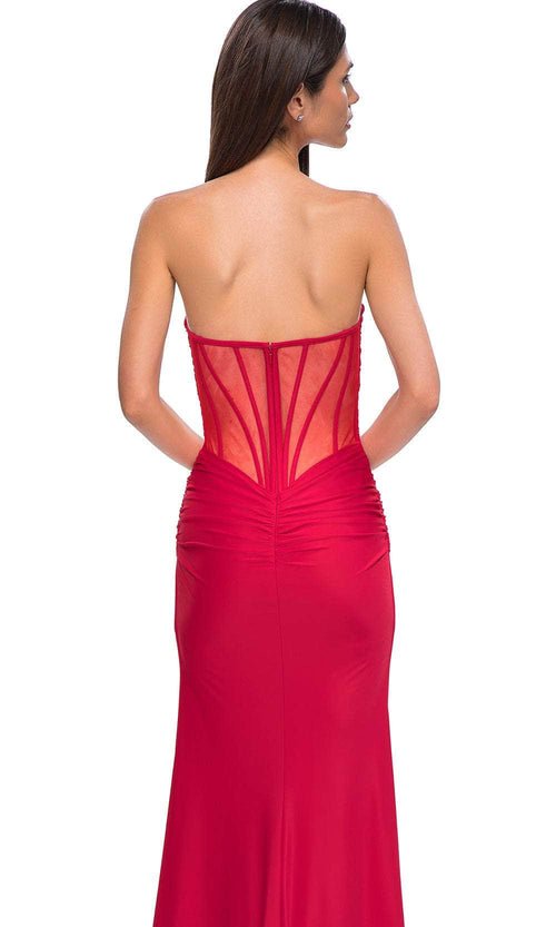 La Femme 32923 Sheer Corset Back Ruched Ornate Prom Gown