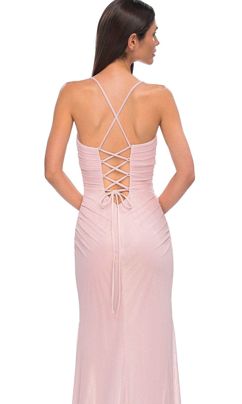 La Femme 32964 Lace-Up Back Metallic Net Jersey Gown