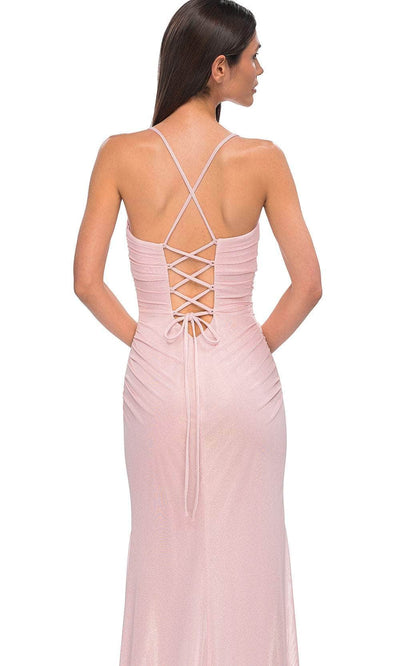 La Femme 32964 Lace-Up Back Metallic Net Jersey Gown