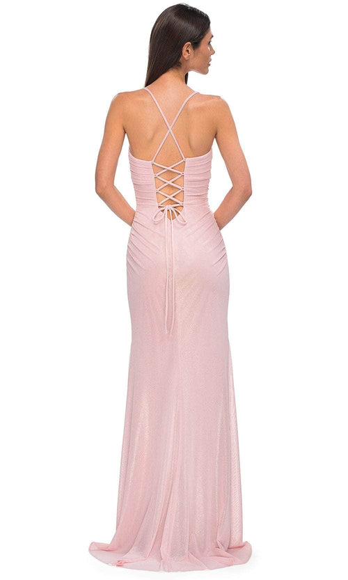 La Femme 32964 Lace-Up Back Metallic Net Jersey Gown
