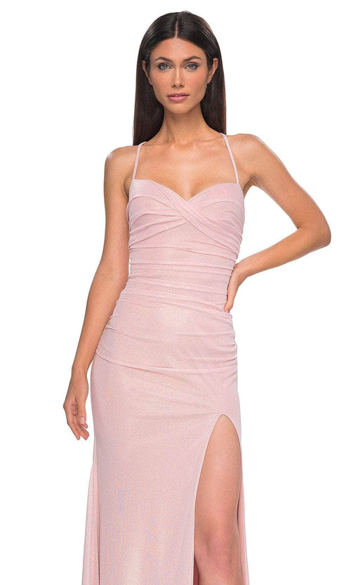 La Femme 32964 Lace-Up Back Metallic Net Jersey Gown