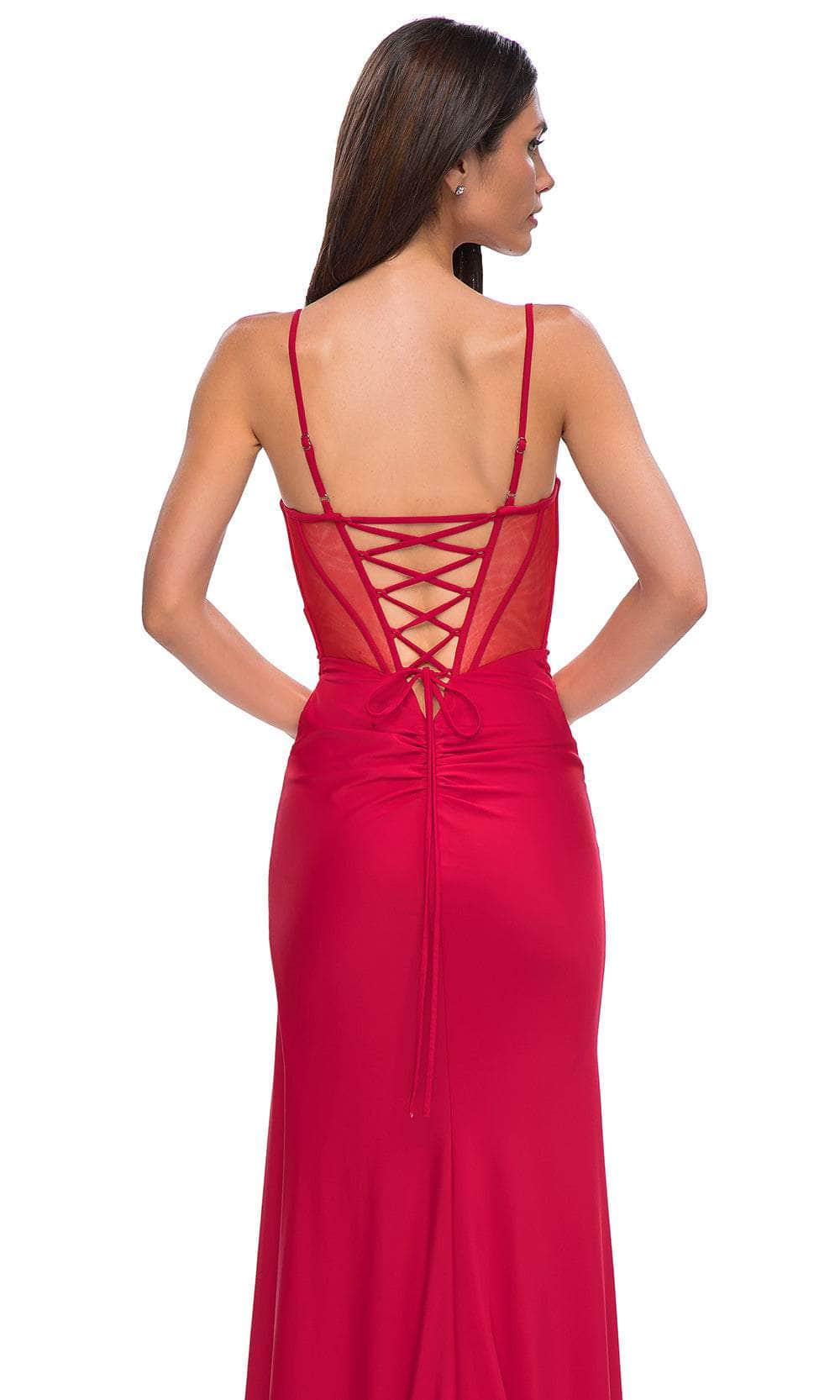 La Femme 32977 Deep V-Neck Lace-Up Prom Gown