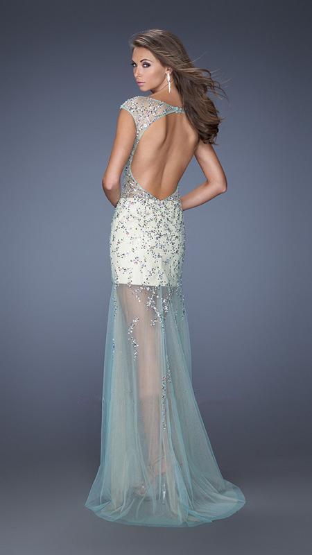 La Femme 19863 Ornate Illusion Mesh Bateau Sheath Gown