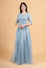 Lace 3/4 Sleeve A-line Gown by Elizabeth K GL3629 - S / Smoky Blue - Long Formal Dresses