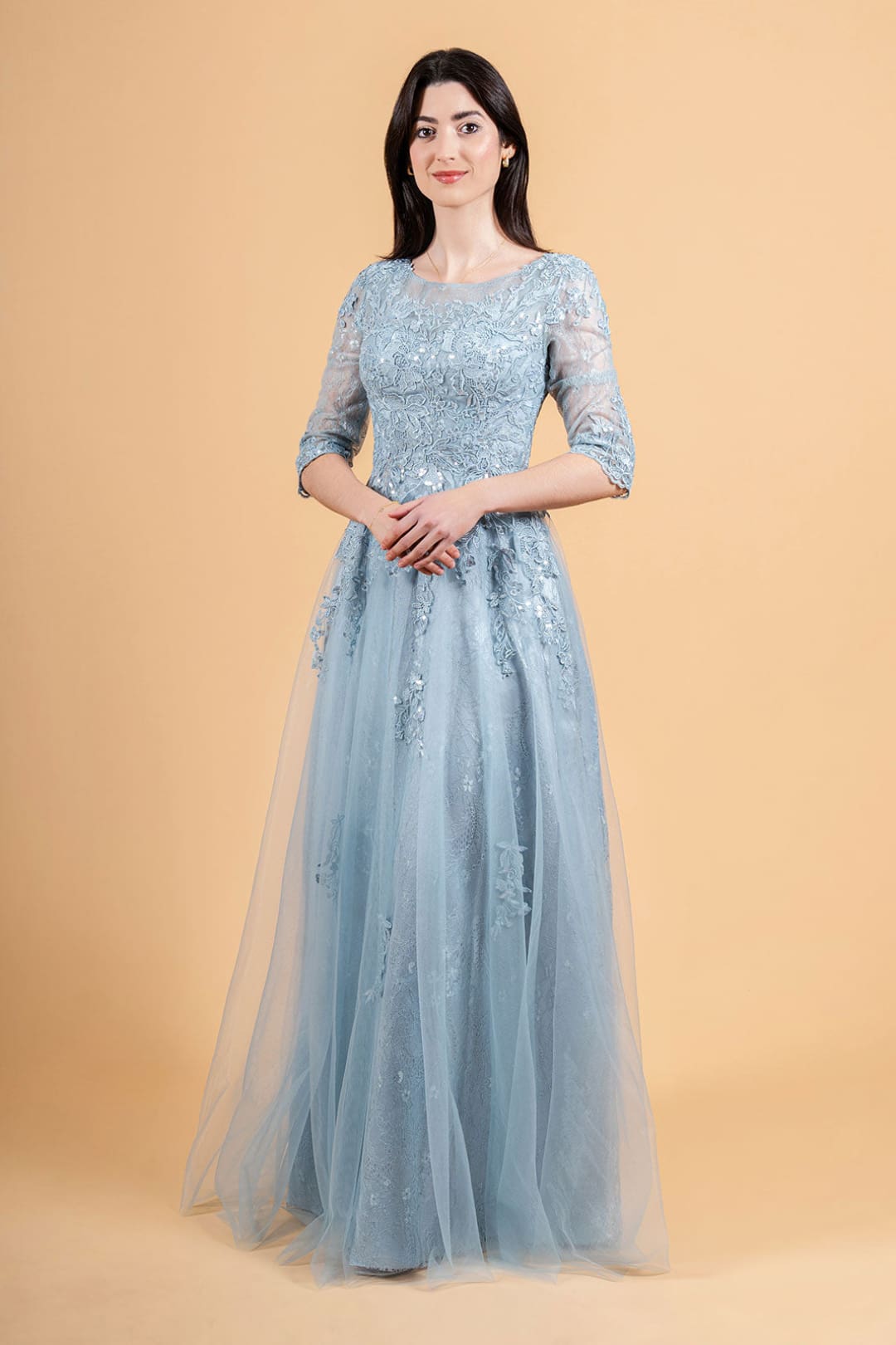Lace 3/4 Sleeve Mother of the Bride Dress by Elizabeth K GL3629 Smoky Blue / XL Lace 3/4 Sleeve Mother of the Bride Dress by Elizabeth K GL3629 Smoky Blue / XL