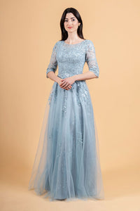 Lace 3/4 Sleeve A-line Gown by Elizabeth K GL3629 - S / Smoky Blue - Long Formal Dresses