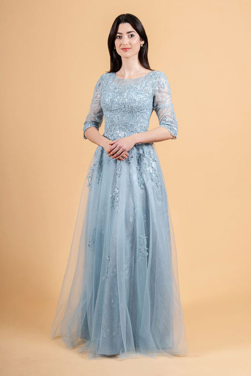 Lace 3/4 Sleeve A-line Gown by Elizabeth K GL3629 - S / Smoky Blue - Long Formal Dresses