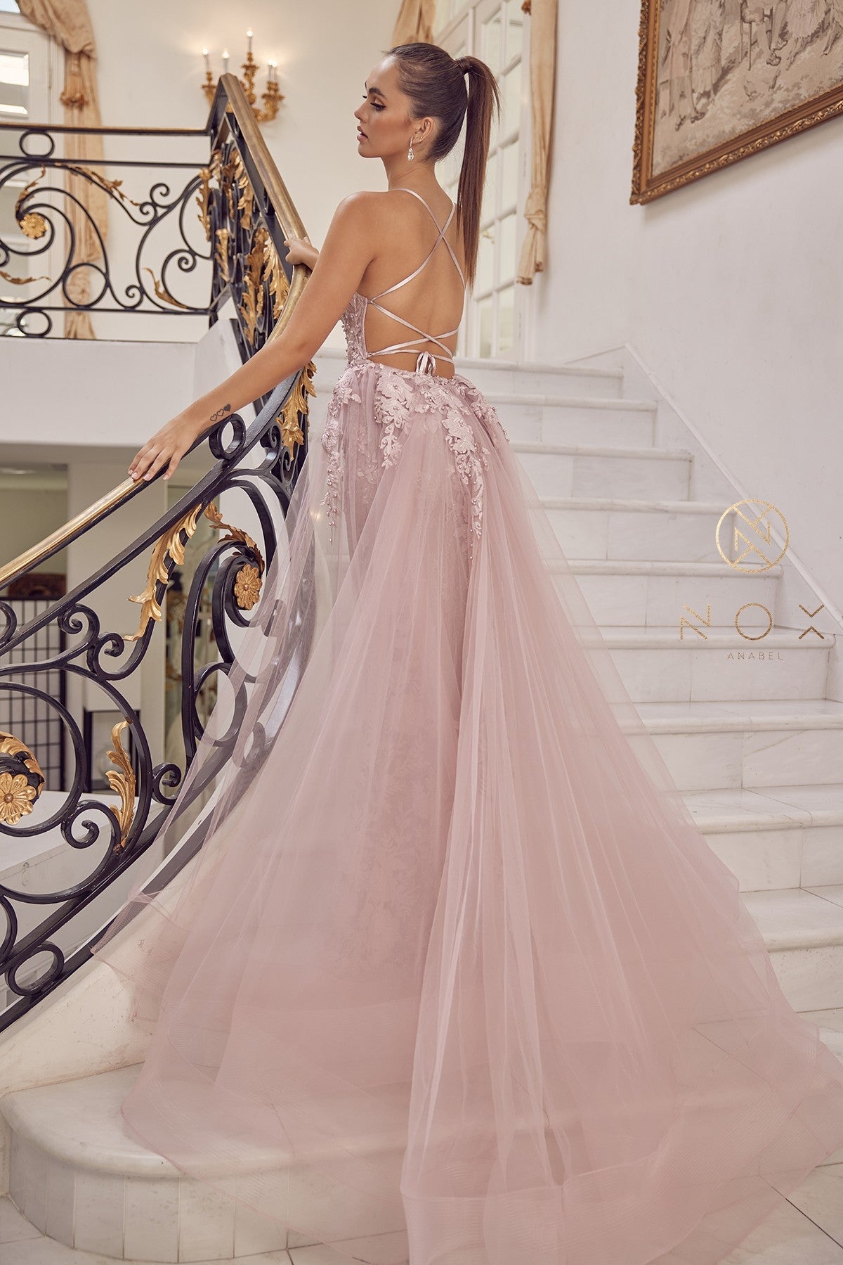 Nox Anabel F485 V-Neck Floral Applique Mermaid Long Corset Wedding Dress with Train