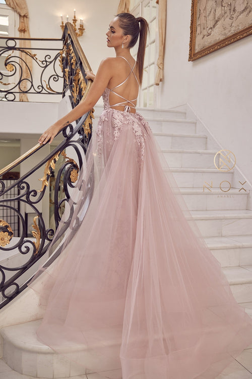 Nox Anabel F485 V-Neck Floral Applique Mermaid Long Corset Wedding Dress with Train
