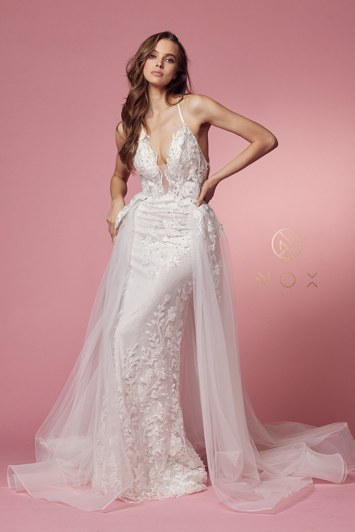 Nox Anabel F485 V-Neck Floral Applique Mermaid Long Corset Wedding Dress with Train