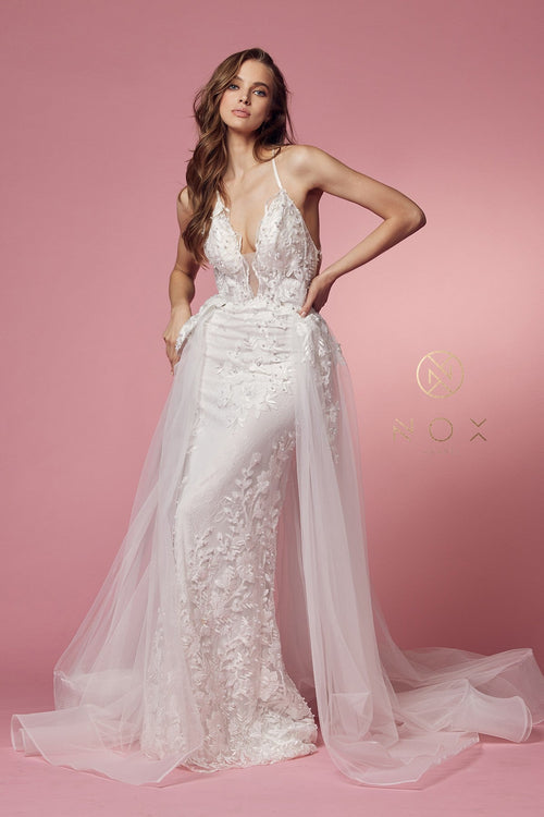 Nox Anabel F485 V-Neck Floral Applique Mermaid Long Corset Wedding Dress with Train