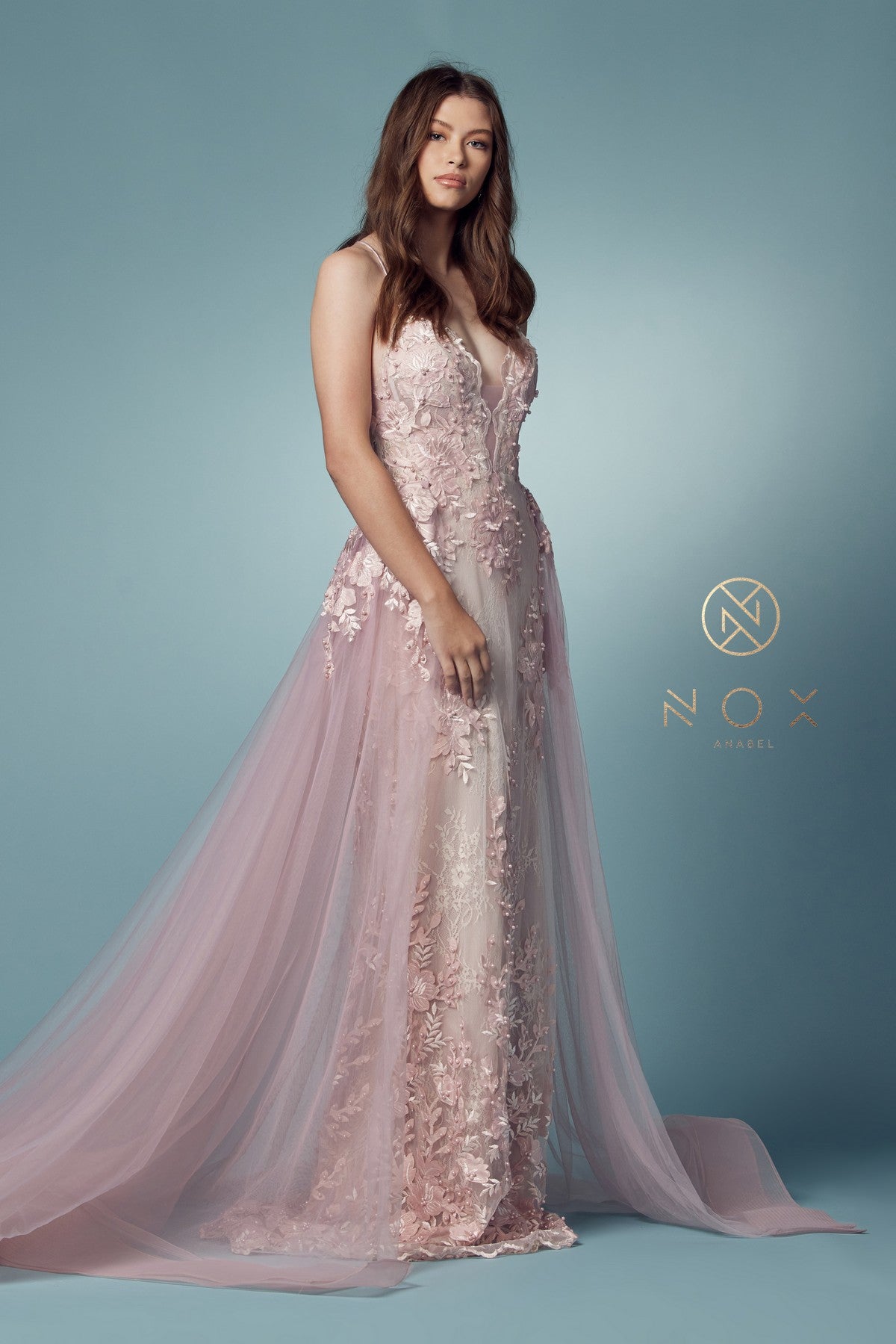 Nox Anabel F485 V-Neck Floral Applique Mermaid Long Corset Wedding Dress with Train