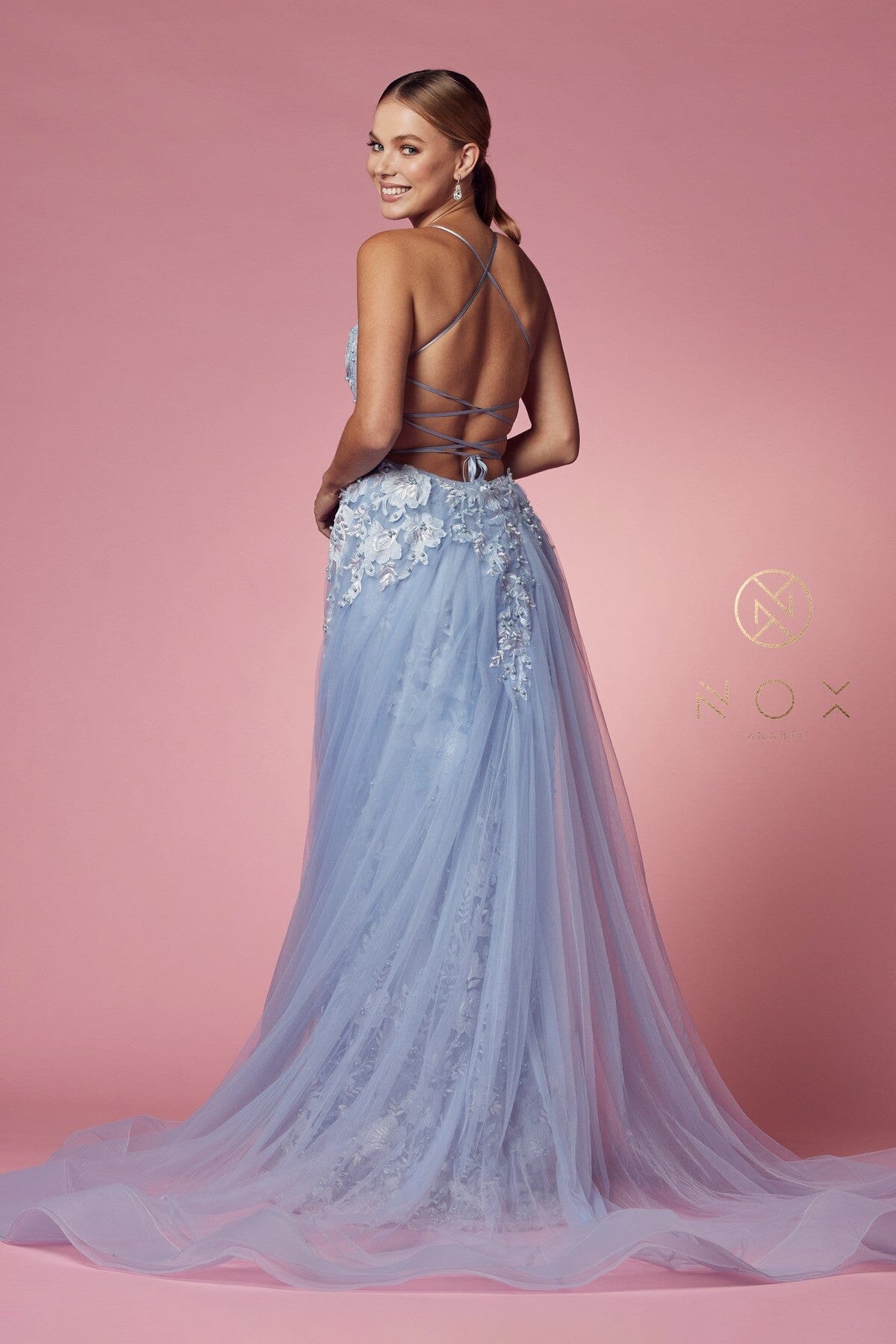 Nox Anabel F485 V-Neck Floral Applique Mermaid Long Corset Wedding Dress with Train