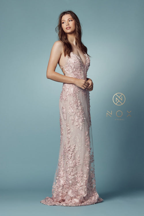 Nox Anabel F485 V-Neck Floral Applique Mermaid Long Corset Wedding Dress with Train