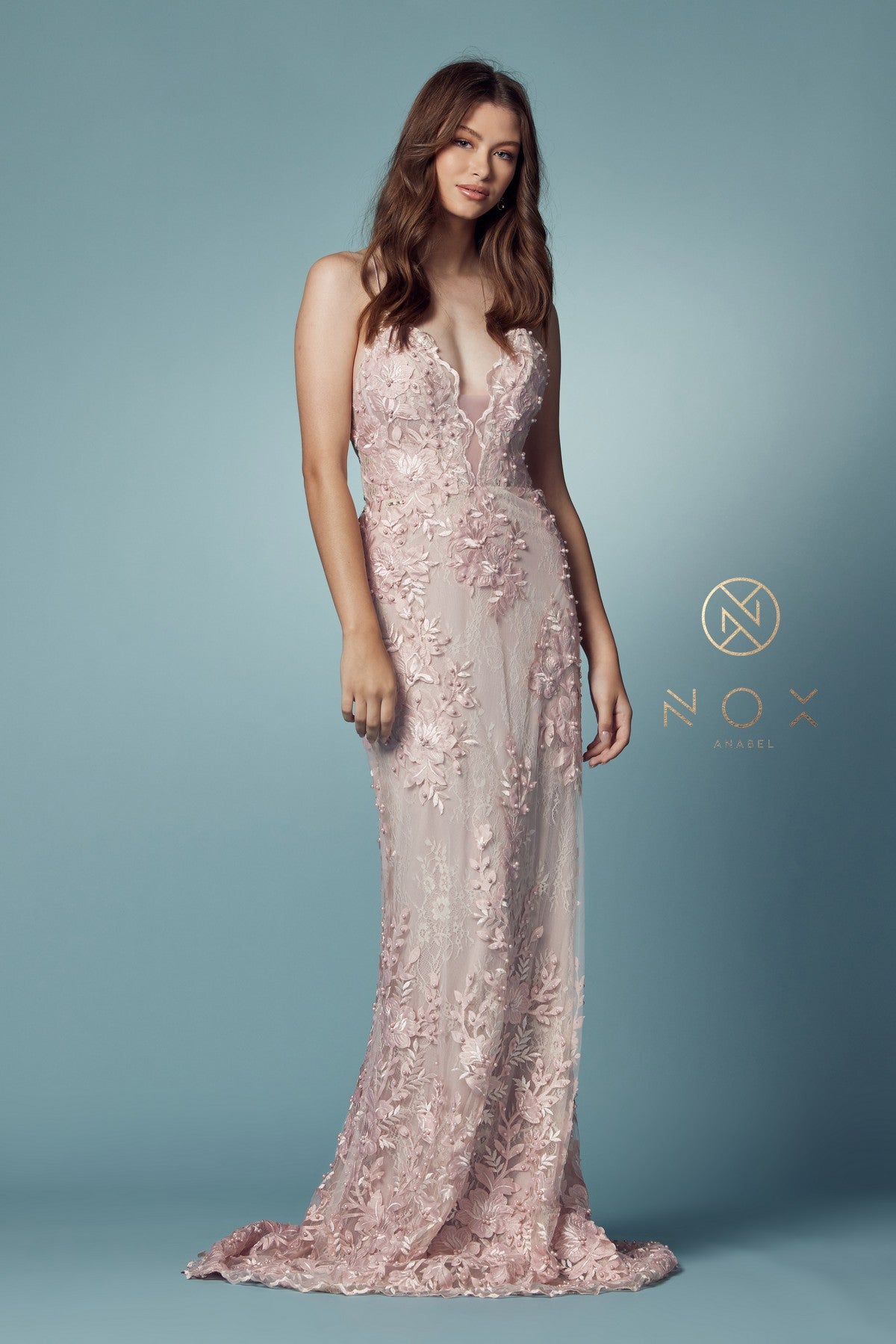 Nox Anabel F485 V-Neck Floral Applique Mermaid Long Corset Wedding Dress with Train