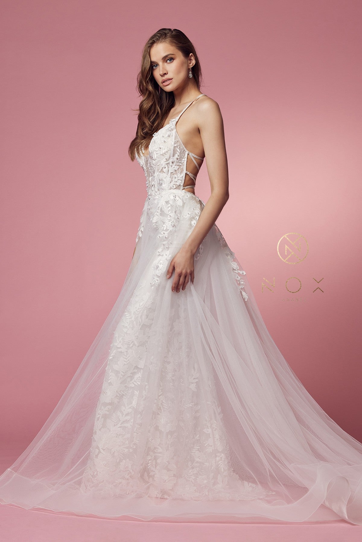 Nox Anabel F485 V-Neck Floral Applique Mermaid Long Corset Wedding Dress with Train