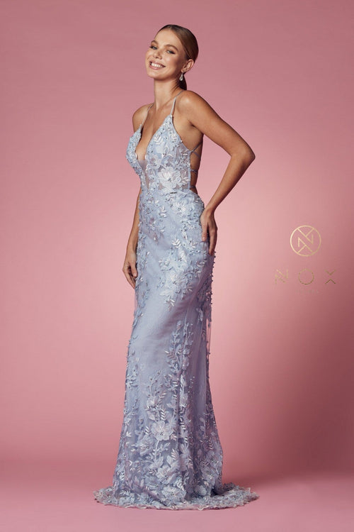 Nox Anabel F485 V-Neck Floral Applique Mermaid Long Corset Wedding Dress with Train