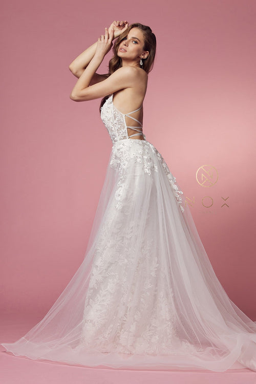 Nox Anabel F485 V-Neck Floral Applique Mermaid Long Corset Wedding Dress with Train