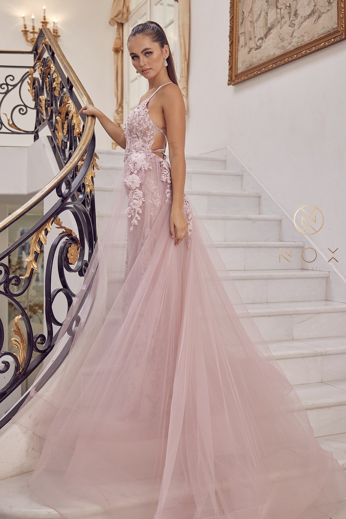 Nox Anabel F485 V-Neck Floral Applique Mermaid Long Corset Wedding Dress with Train