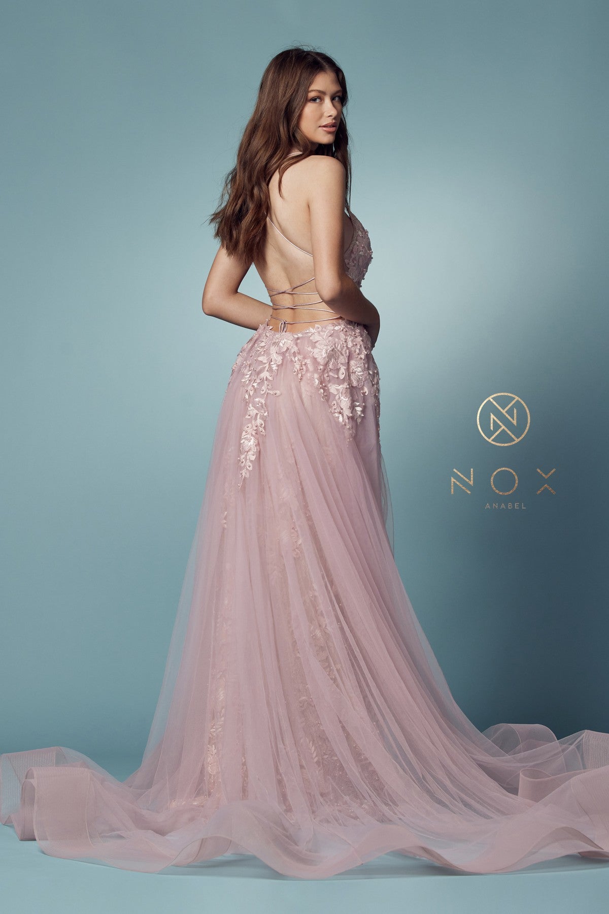 Nox Anabel F485 V-Neck Floral Applique Mermaid Long Corset Wedding Dress with Train