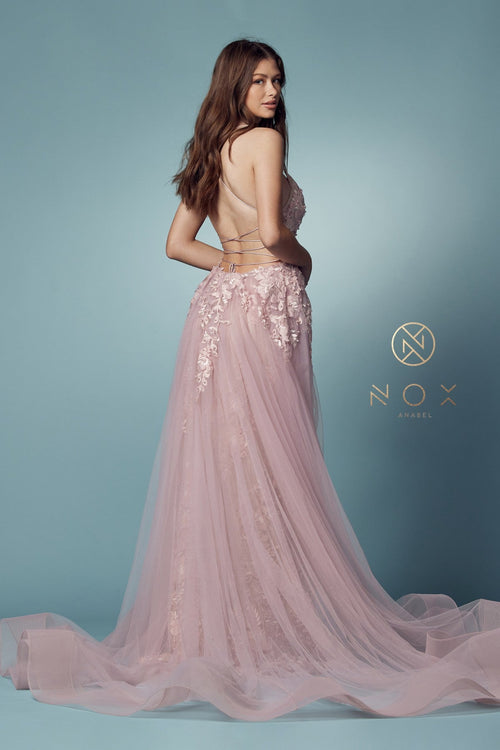 Nox Anabel F485 V-Neck Floral Applique Mermaid Long Corset Wedding Dress with Train