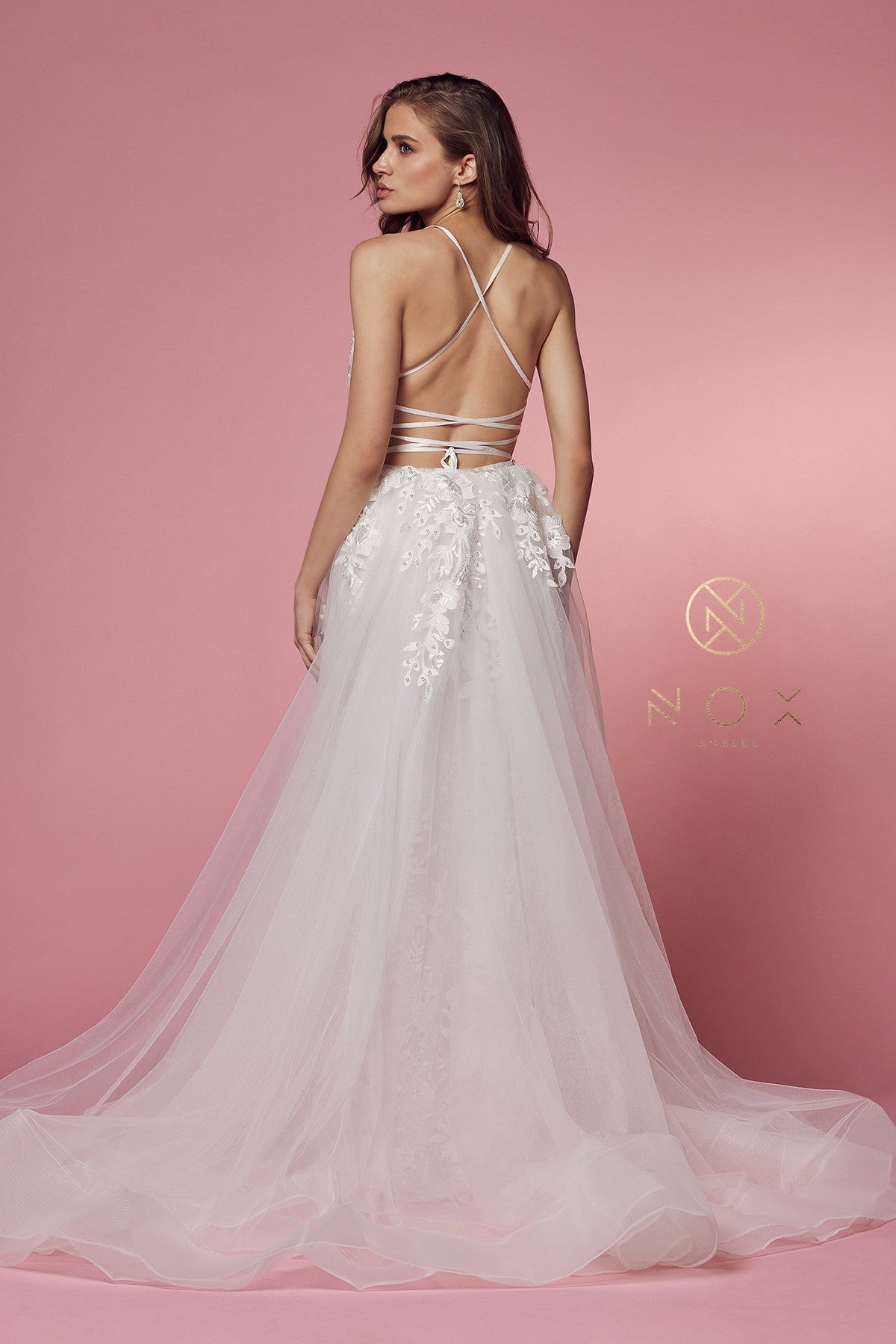Nox Anabel F485 V-Neck Floral Applique Mermaid Long Corset Wedding Dress with Train
