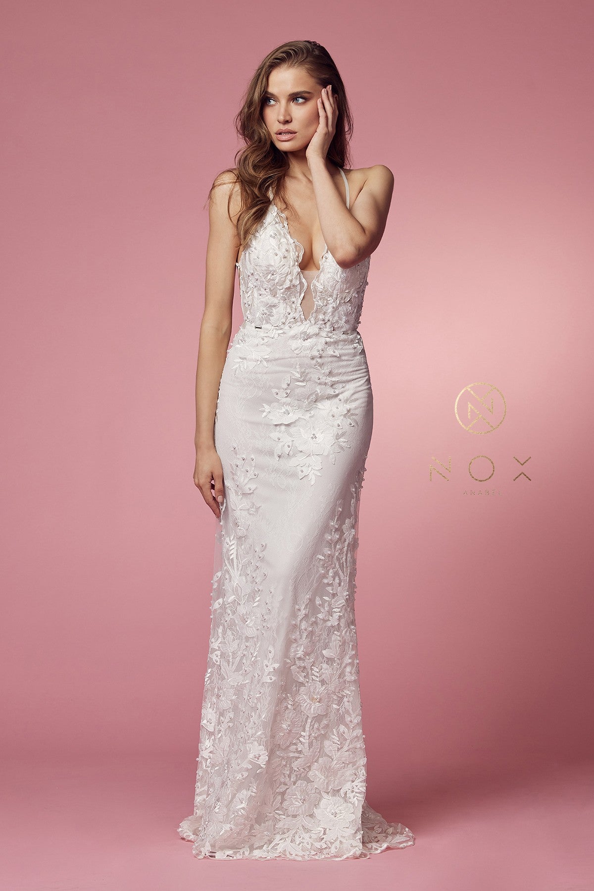 Nox Anabel F485 V-Neck Floral Applique Mermaid Long Corset Wedding Dress with Train