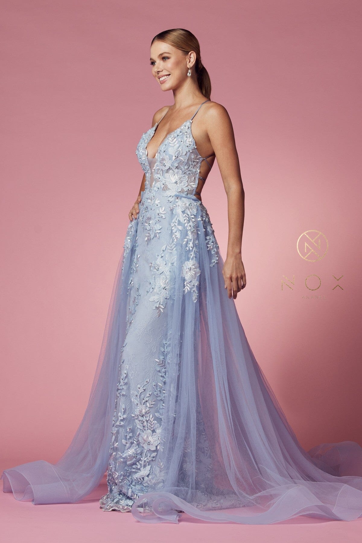 Nox Anabel F485 V-Neck Floral Applique Mermaid Long Corset Wedding Dress with Train