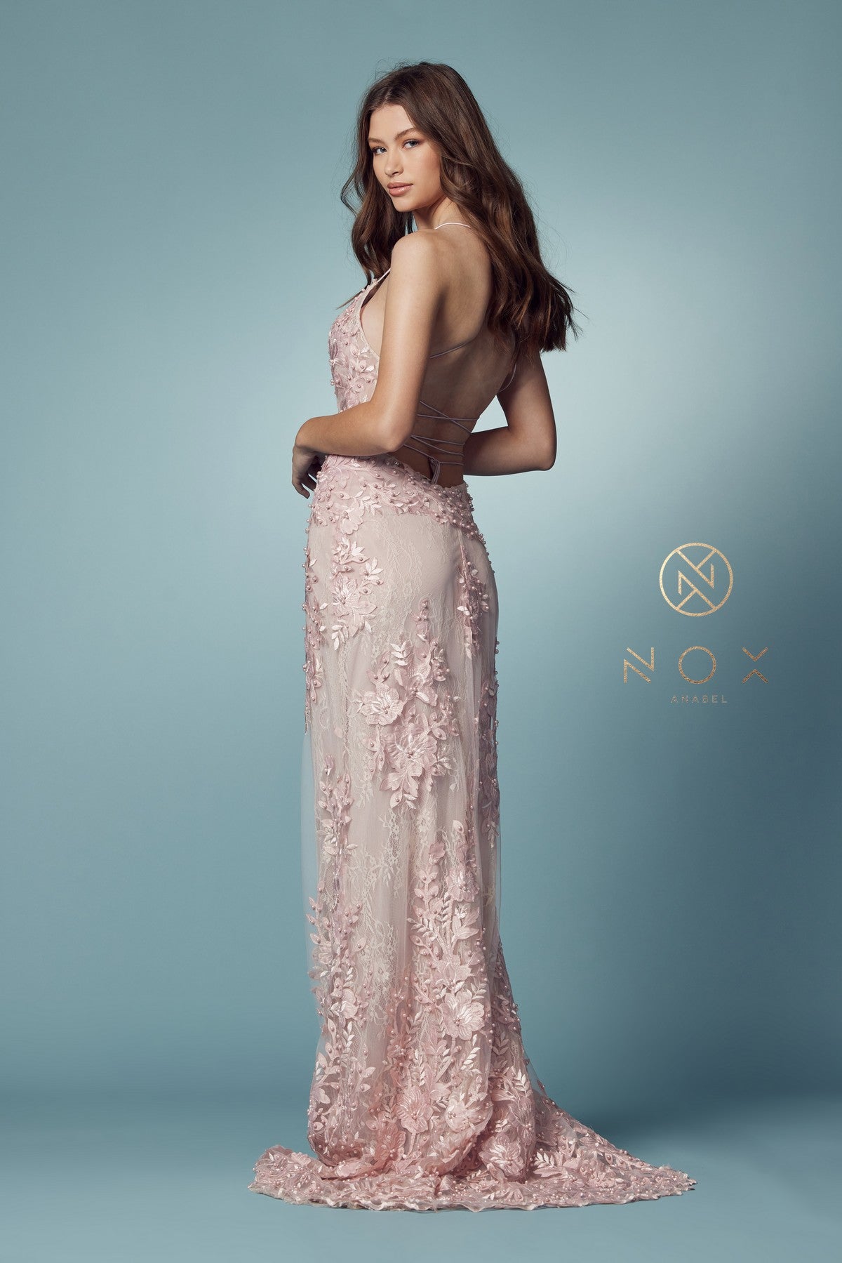 Nox Anabel F485 V-Neck Floral Applique Mermaid Long Corset Wedding Dress with Train