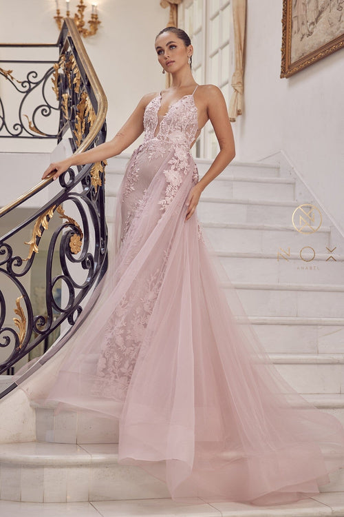 Nox Anabel F485 V-Neck Floral Applique Mermaid Long Corset Wedding Dress with Train