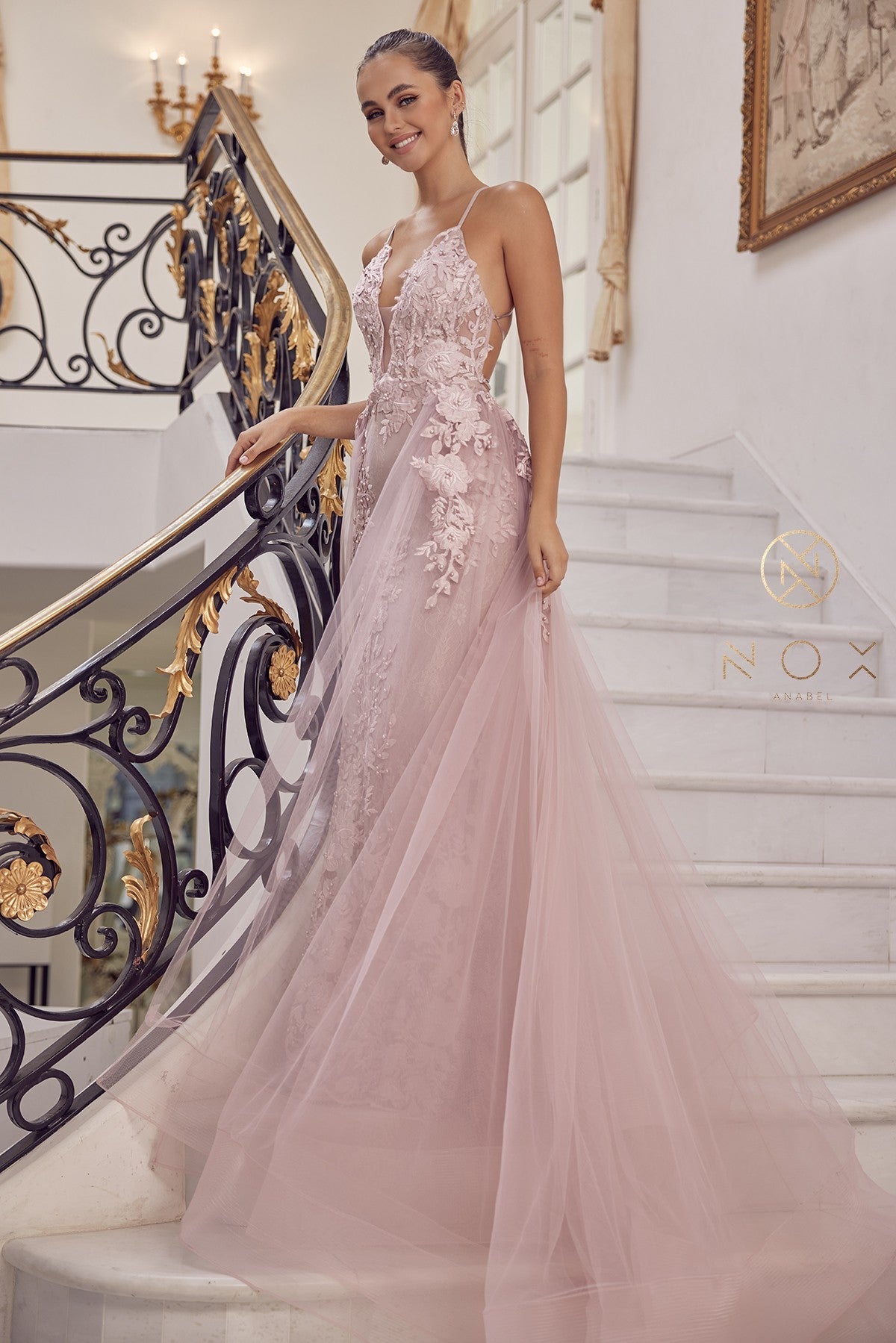 Nox Anabel F485 V-Neck Floral Applique Mermaid Long Corset Wedding Dress with Train