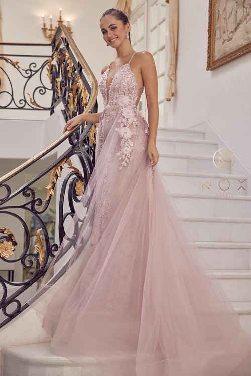 Nox Anabel F485 V-Neck Floral Applique Mermaid Long Corset Wedding Dress with Train