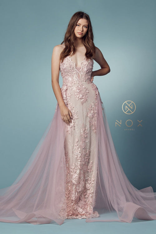 Nox Anabel F485 V-Neck Floral Applique Mermaid Long Corset Wedding Dress with Train