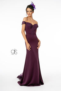 Lace Applique Long Off Shoulder Dress by Elizabeth K GL2958 - S / Eggplant - Long Formal Dresses