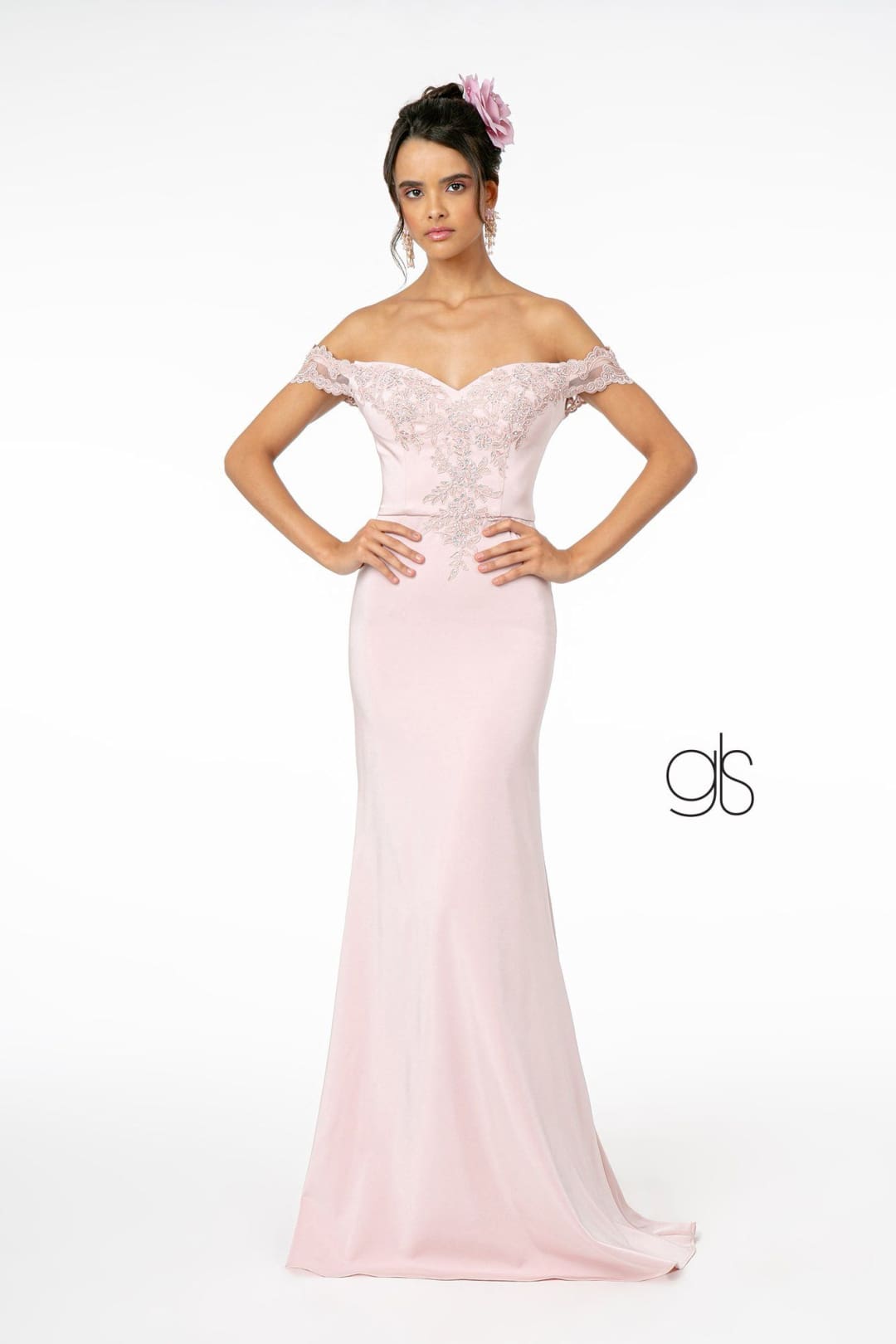 Lace Applique Long Off Shoulder Dress by Elizabeth K GL2958 - S / Pink Mauve - Long Formal Dresses