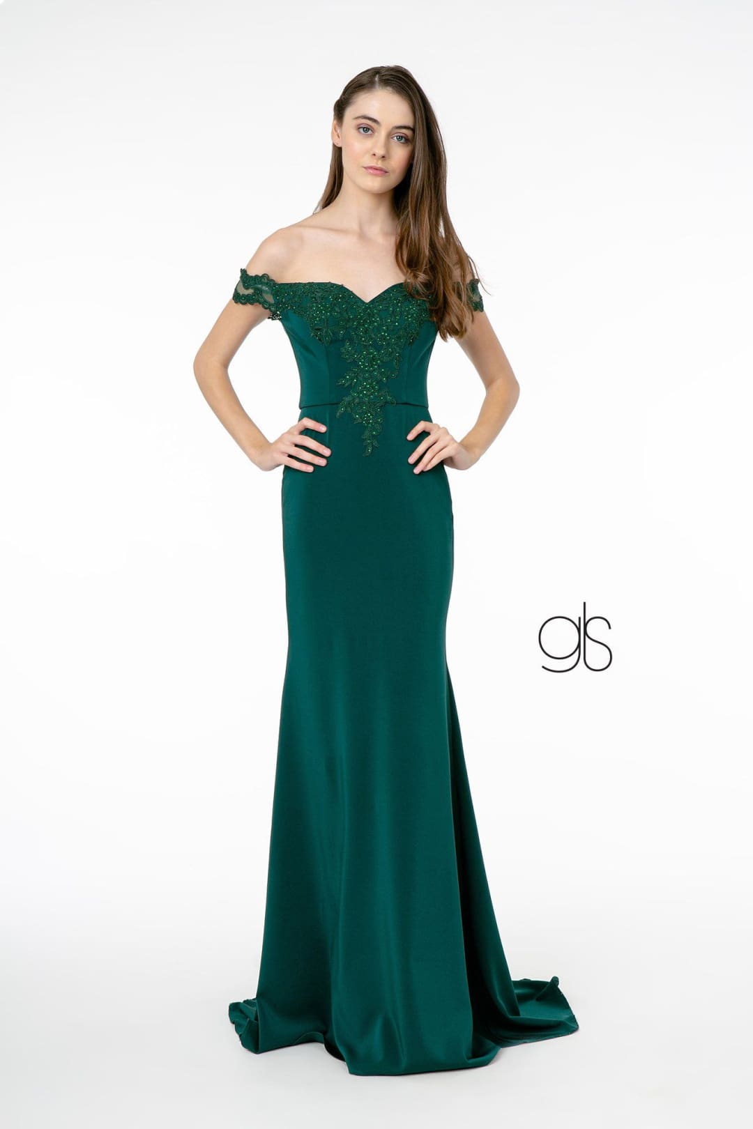 Lace Applique Long Off Shoulder Dress by Elizabeth K GL2958 - XS / Teal Green - Long Formal Dresses