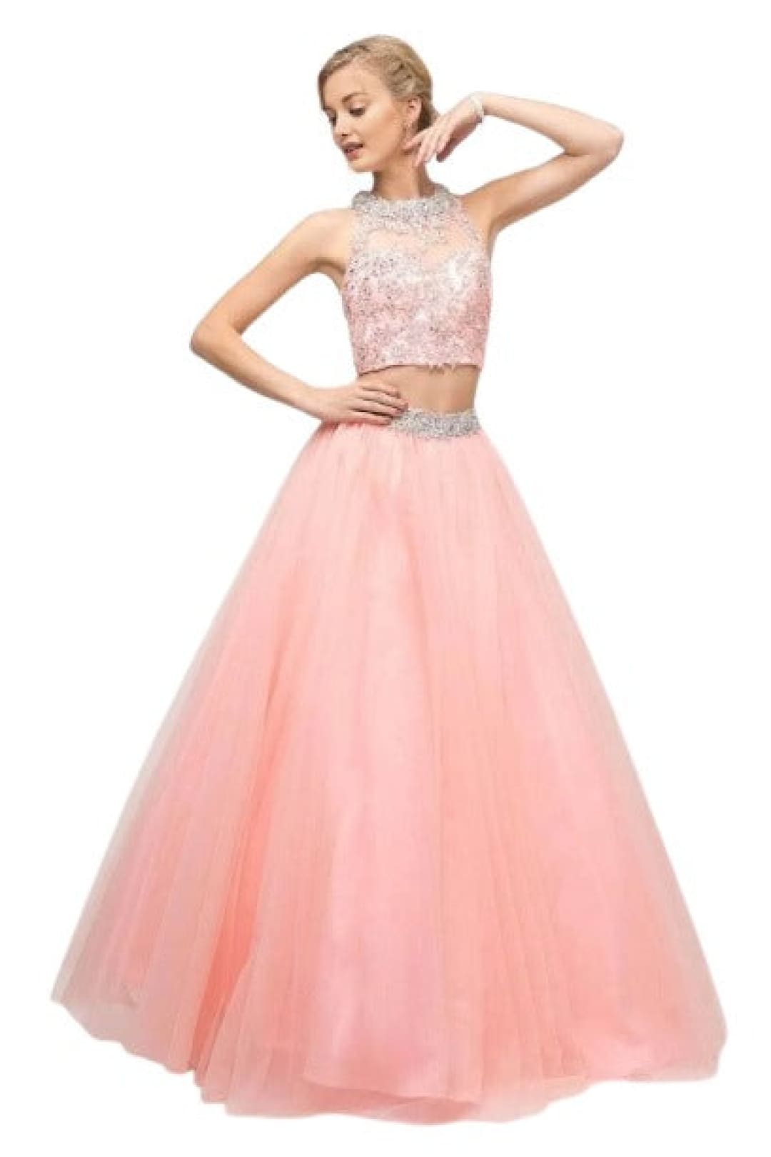 Lace Beaded Top Two-Piece Dress 2025 Elegant Formal Gown - Peach / 2 - Prom