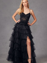 Lace Bodice Sleeveless A-line Ruffled Gown by Juliet JT2451S