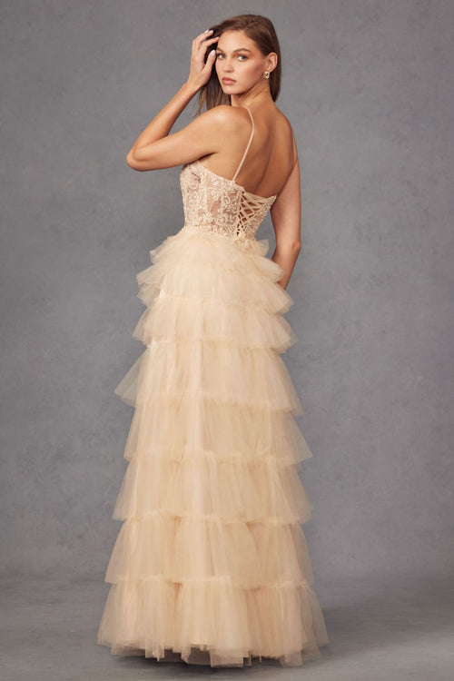 Lace Bodice Sleeveless A-line Ruffled Gown by Juliet JT2451S - Long Formal Dresses