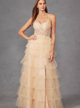 Lace Bodice Sleeveless A-line Ruffled Gown by Juliet JT2451S