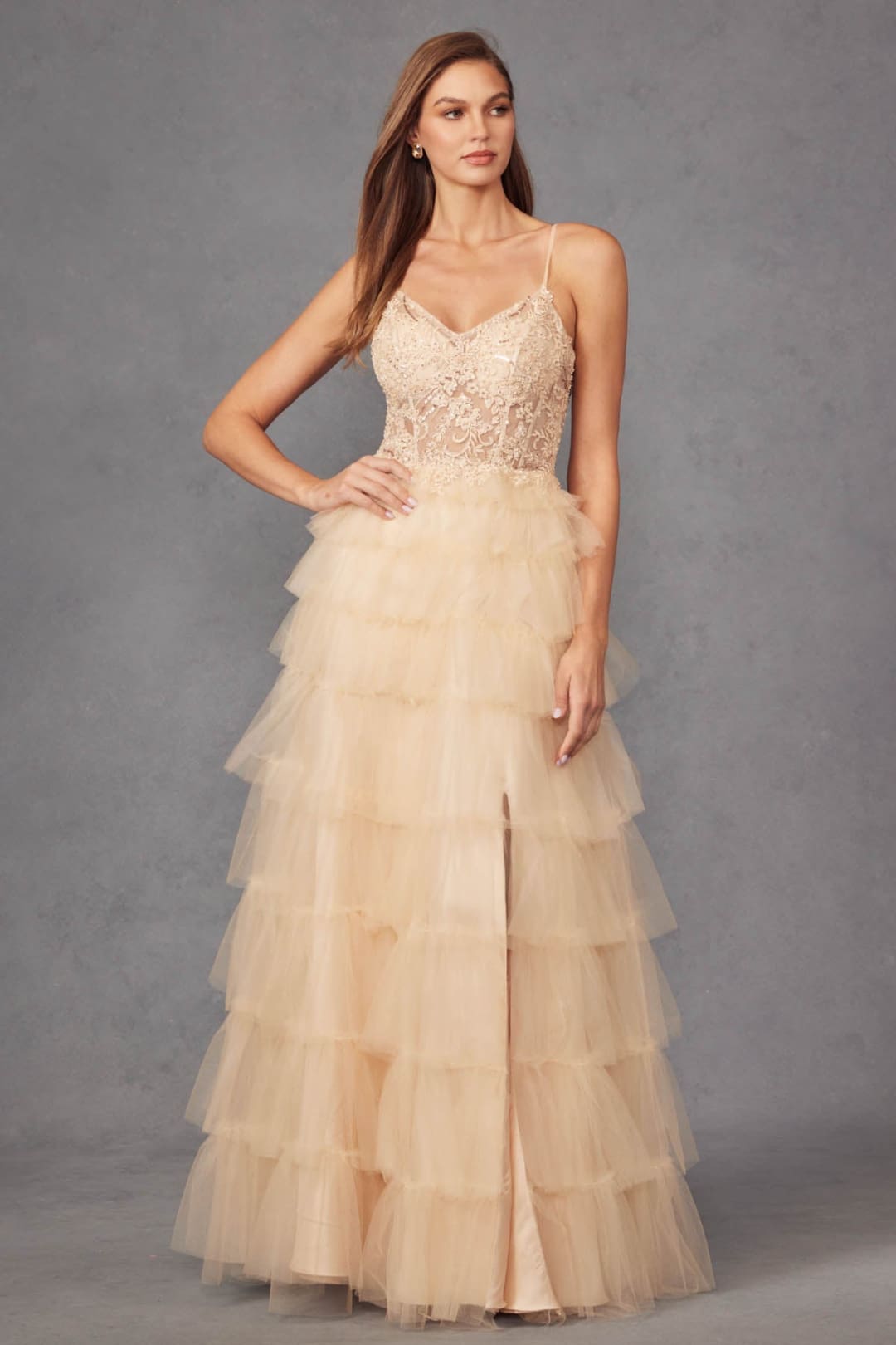 Lace Bodice Sleeveless A-line Ruffled Gown by Juliet JT2451S - Long Formal Dresses