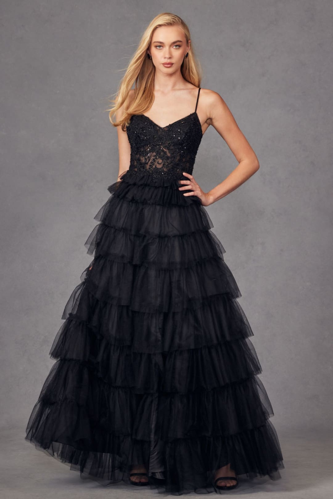 Lace Bodice Sleeveless A-line Ruffled Gown by Juliet JT2451S - Long Formal Dresses
